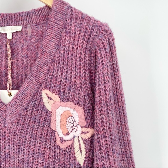 NWT LoveShackFancy Chunky Ridge Sweater with Floral Embroidery in Berry Size SM - Picture 9 of 15